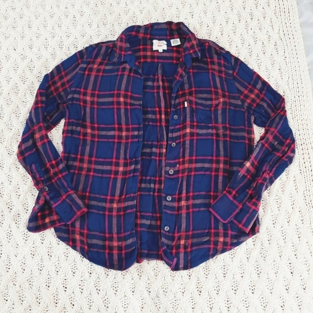 Cottagecore LEVIS- Boyfriend Fit Fine Flannel Cotton Plaid Shirt- Size M